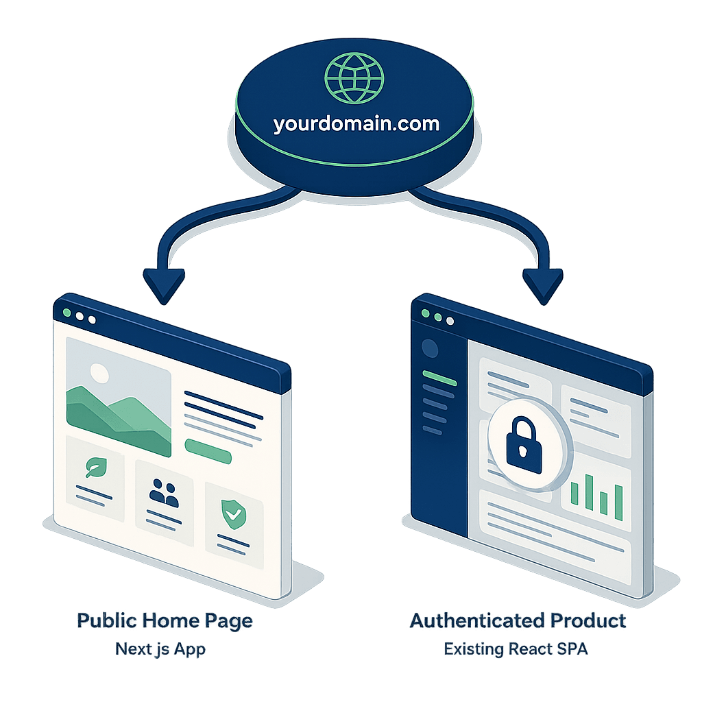 Hybrid partial port architecture: your domain routes public pages to a Next.js app and /app routes to your existing React SPA